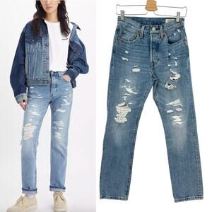 Levi's 501 Selvedge Jeans 150th Anniversary Light Indigo Wash Distressed Size 26